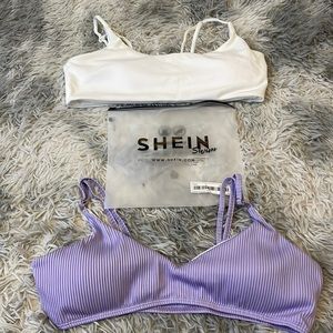 purple and white bikini top set